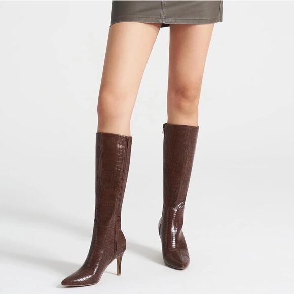 Alicepub Knee High Boots Women’s 9.5 Brown Croc Faux Leather Pointed Toe Zip - Picture 3 of 16